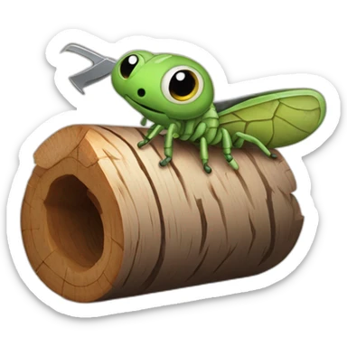 Wood worm that comes out of a log and has big eyes and a saw in his hand sticker