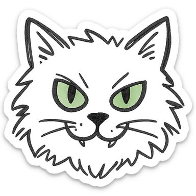 grey fluffy mischievous cat face with green eyes, hand drawn icon style sticker