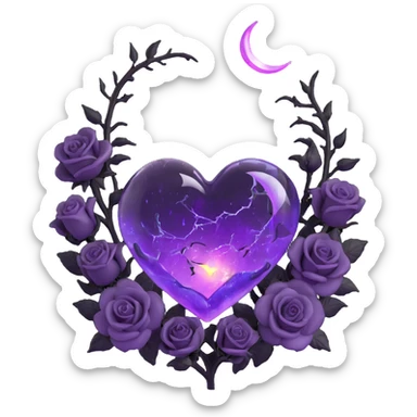 3D emoji gothic heart, purple glass, crescent moon with glowing aura, black roses floating around, electric lightning, swirling rain, cracked glass with glowing edges sticker
