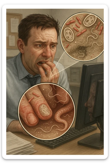 Anxious man at office desk unconsciously biting fingernails, microscopic overlay showing parasitic eggs and bacteria concentrated under nail beds, worms and microorganisms being consumed with each bite, expression of nervous habit unaware of contamination, computer screen reflecting his stress while he infects himself, fingertips raw and bleeding from chronic nail-biting, invisible parasite colonies entering his digestive system sticker
