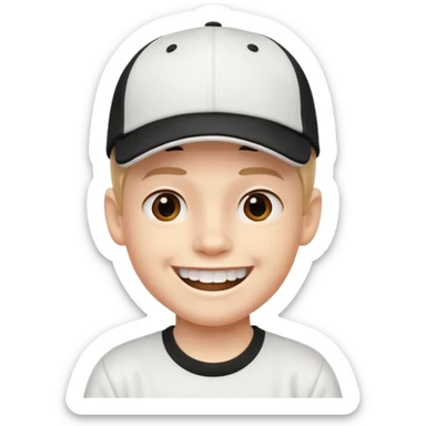 smiling schoolboy with large front teeth and a black baseball cap sticker