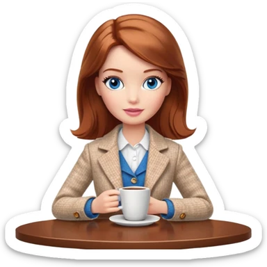 A Barbie girl with blue eyes, shoulder-length reddish-brown hair, made-up, wearing a white tweed jacket and a beige skirt, is sitting at a table with a cup of coffee in her hands sticker