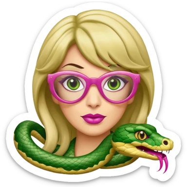 please create a snake with a bitchy evil face wearing a dark blonde wig and pink pointy nails and squared frame golden glasses sticker