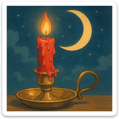 ghibli style dripping red candle in a gold holder with a crescent moon in the background sticker