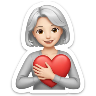 Silver hair, wavy/curly hair chin-length lady giving hug with 2 arms,  v-neck and smiling, add a heart sticker