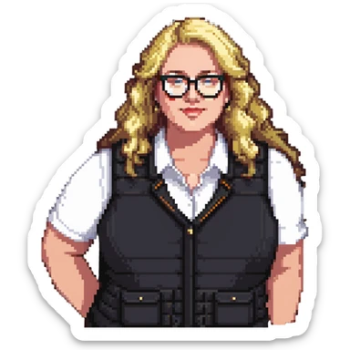 Plus size blonde person wearing glasses and a vest sticker