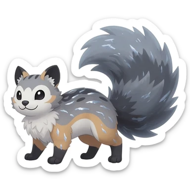 stormcell charcoal fur crackling with silver frost-veins and ghost-dust sheen Hyper-realistic beautiful elegant pretty precious cute  Fakémon-Pokémon-opossum-feline-serval-caracal-chinchilla-Furret-Minccino-hybrid-creature with a big fluffy bushy tail (full body) sticker
