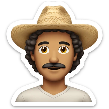 tan mexican man with dark brown shoulder length wavy hair and a dark brown mustache and a hat with dark eyes sticker