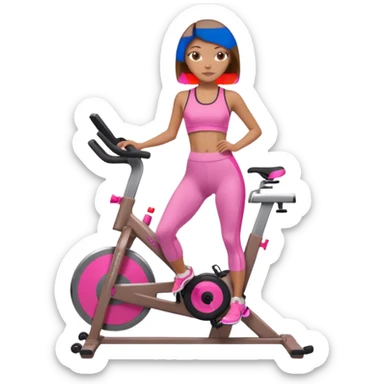 Light tan girl with a brown bob hat style with pink highlights in a pink workout set leaning on a indoor spin bike with NO HELMET,  but add pink hair highlights  sticker
