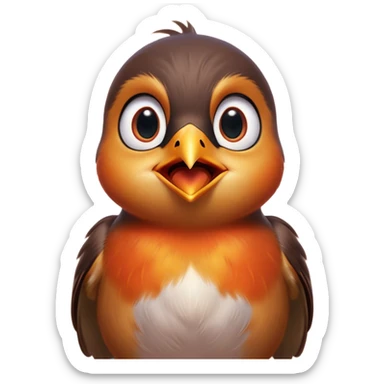 Cinematic Comical Robin Portrait Emoji, Head tilted dramatically with an exaggeratedly shocked expression, featuring a petite, vibrant form with wide, comically expressive eyes full of playful disbelief and a subtly animated beak, Simplified yet hilariously expressive features, highly detailed, glowing with a slightly sassy glow, high shine, dramatic yet playful, stylized with an air of cheeky woodland mischief, soft glowing outline, capturing the essence of a meme-worthy robin that looks ready to side-eye its way into viral fame! sticker