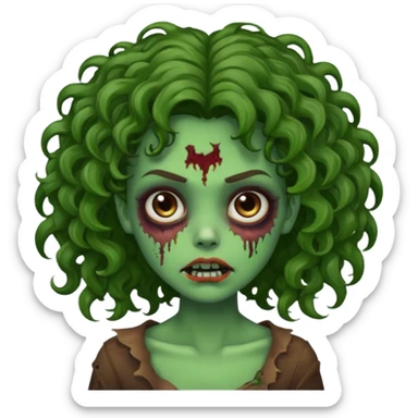 Faça uma garota zombie de cabelo cacheado castanho, olhos castanhos escuro e pele verde d zombie, com o cabelo grande sticker
