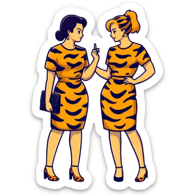 Two women chatting, dressed in leopard print and tiger print dresses sticker