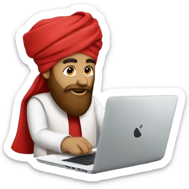 A caliph with turban and red clothes writing in a laptop sticker