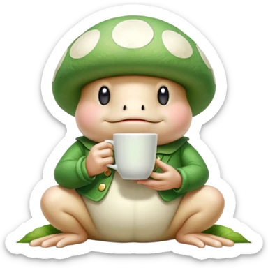 Mushroom person (Toad from Mario games) drinks a cup of green tea while he is waiting for Princess Peach Toadstool being done with her meeting with other toads on zoom call about something sticker