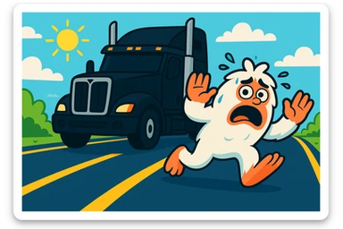 Edit the image to place the abominable snowman and the black semi truck on the same side of the highway. Keep the snowman small and scared, positioned in front with the semi truck behind it at a 45-degree angle. Maintain the bright, distant highway view as in the original image. sticker