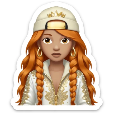 Ice Spice, Rapper (b.2000) with long ginger hair, ivory tour sequin outfit sticker