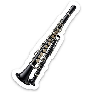 Cinematic Realistic Clarinet, deep black body with gleaming silver keys, rich warm lighting catching every intricate detail, slightly worn mouthpiece adding authenticity, glowing with a timeless and sophisticated presence. sticker
