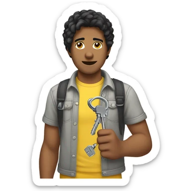 a man with black hair in yellow t-shirt with keys in a hand sticker