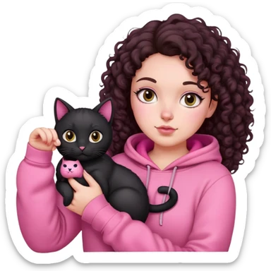 white skin curvy girl with dark brown curly hair in pink hoodie with black cat on her hand sticker