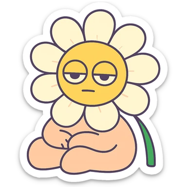 creamy white daisy flower with sleepy half-lidded eyes, sitting down with a blank stare, extremely soft round pastel character, pastel-toon style sticker
