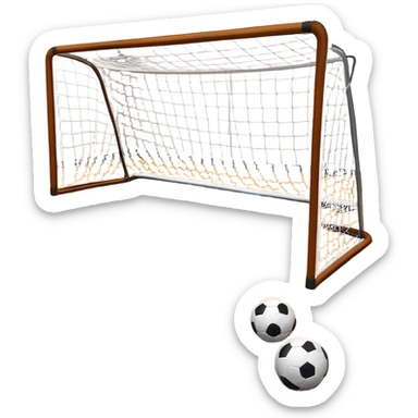 A close-up of footballs and a goal on a covered indoor futsal court with a wooden floor. The scene highlights the details of the balls and goalposts, with the smooth, polished court surface creating a clean and focused atmosphere for the game. sticker
