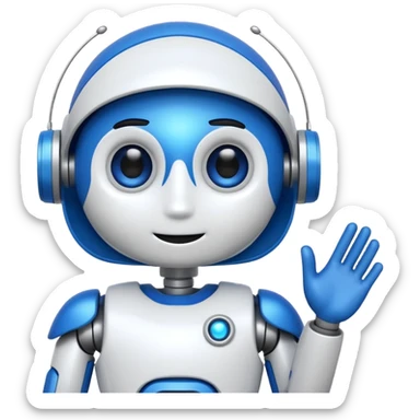 robo azul e branco sorrindo e piscando com um olho só, fazendo um sinal de posito com uma das mãos sticker