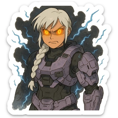 female, wearing reach spartan armor shoulder-unequip, long white braid hair with massive messy front side single bangs, gold yellow eyes, attention pose, D-cup size, HALO:series, no helmet, the armor is lavender color scheme, eyes glowing, demon eye, gleam, rage aura, body steaming dark gray, blue electricity, mouth clowed scowling sticker
