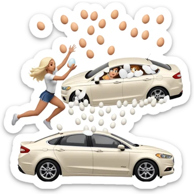 Crimal throwing massive amount of eggs at girl in white ford fusion sticker