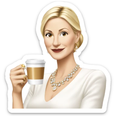 Kelly Rutherford with jewellery wearing white drinking cappucino sticker
