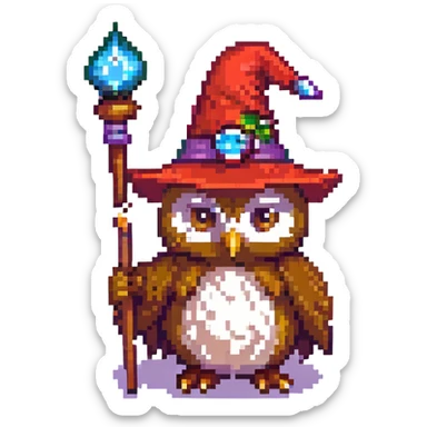 pixel art owl with a red wizard hat and a magic wand sticker
