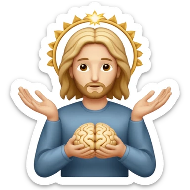 Christ Guardian of Mind, benevolent figure with soft golden glow, hands gently cradling stylized brain or mind symbol, surrounded by peaceful energy, iOS emoji style sticker
