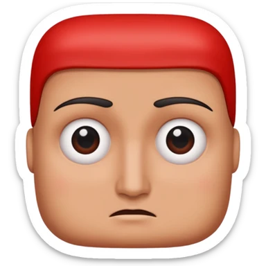 Una figura roja con cabeza cuadrada y cuerpo de rectángulos con cara con dos ojos negros como puntos y cejas preocupadas sin boca y que tenga como una especie de polvo café en la cabeza sticker