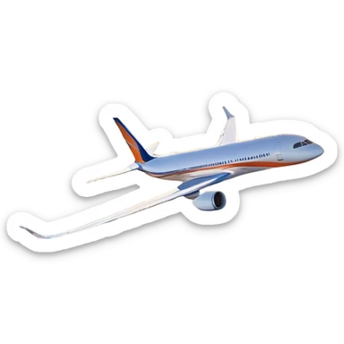 modern airplane soaring through the sky, leaving behind a soft trail of white contrails. The aircraft is flying at high altitude, surrounded by fluffy clouds and illuminated by the golden hues of the setting sun. The sky transitions from deep blue at the top to warm orange near the horizon, creating a breathtaking backdrop. The airplane appears sleek and aerodynamic, with its wings stretching gracefully. The atmosphere conveys a sense of freedom and adventure sticker