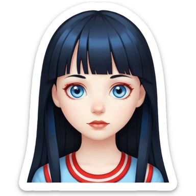 Blue eyes pale girl, long black hair with red striped hair and bangs sticker