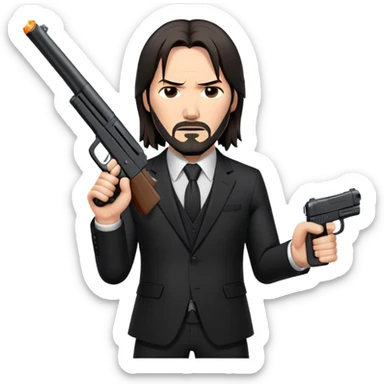 John Wick in black suit with long hair, determined expression, holding a gun sticker