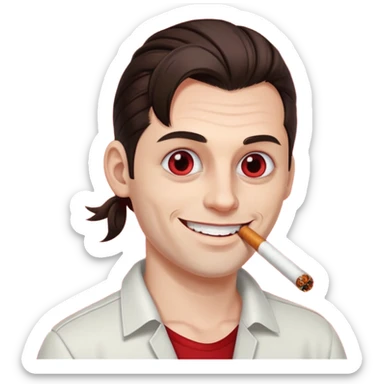 A white man with dark brown hair in a ponytail, oversized bloodshot eyes, grinning, smoking a long roll up sticker