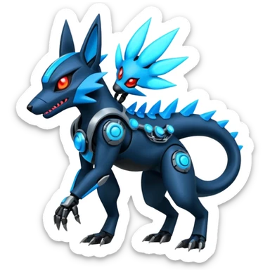 Edgy Neon-glowing punky badass cool metallic futuristic cyborg-Zeraora-Salandit-Lucario-fusion sticker