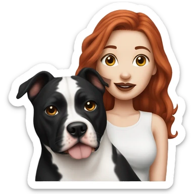 Long Red haired woman with septum piercing holding black and white English Staffordshire dog sticker