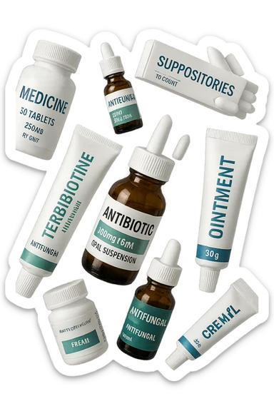 boccette di farmaci fluttuano in aria: creme, ovuli o antimicotici, IPERREALISTICO 4K sticker