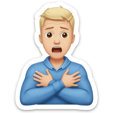 Guy scared screaming well his arms are crossed holding his neck sticker