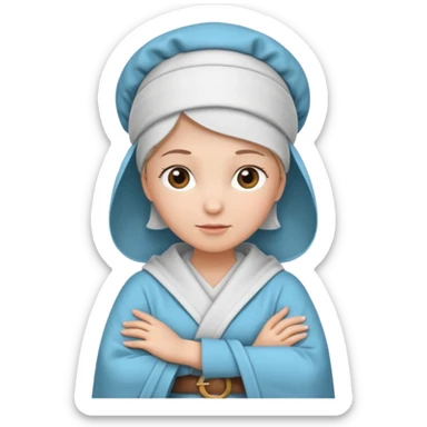 mom with a robe , bonnet, & folded arms holding a belt sticker
