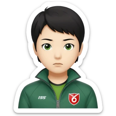 Create a realistic portrait of Kang Sae-byeok (Player 067) with short black hair, green jacket & serious look. sticker
