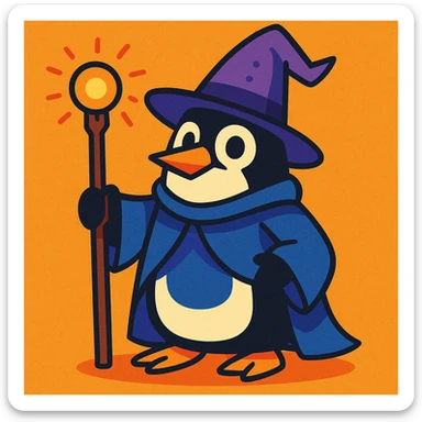 a penguin dressed as a wizard, with a pointy hat and a magic staff, in a fun and whimsical style sticker