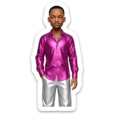 Will Smith with black hair, fuchsia metallic shirt, white metallic baggy pants, silver necklace sticker