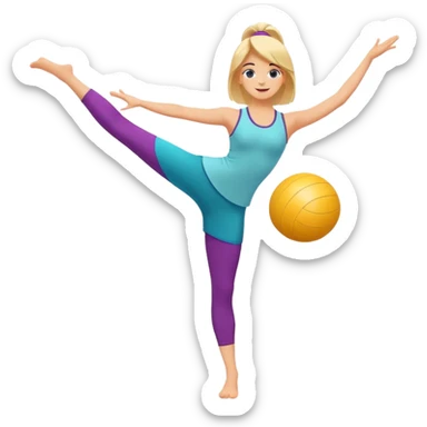 A minimalist vector emoji of a person standing on one leg in an arabesque pose, holding a fitness ball. Clean lines, flat design, vibrant energetic colors. sticker