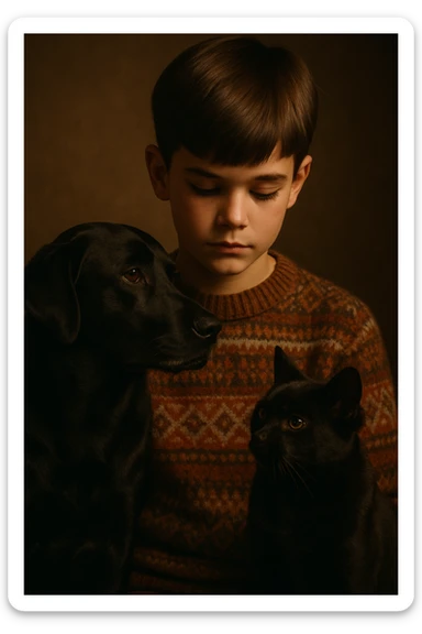 A kid with a chiseled jawline, brown eyes, and flat brown hair facing down, wearing a vintage sweater, standing with a black dog and a black cat. sticker