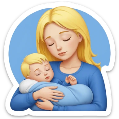 Mother is holding a baby, the mother has yellow hair and pink clothes, the baby is sleeping in blue clothes sticker