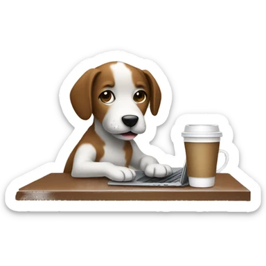 A hip puppy who is developing while drinking coffee in front of a laptop sticker