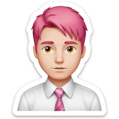 A man without a face and with red-pink hair, not short and long hairstyles in a white shirt with a tie sticker