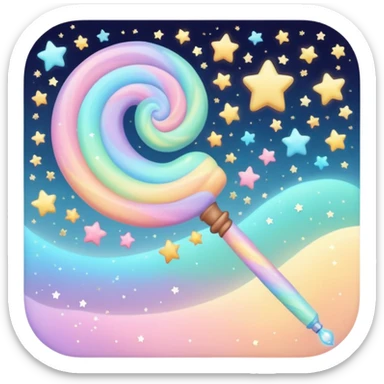 Cinematic cute magical wand, pastel swirls of color, tiny twinkling stars floating around, glowing softly, chubby rounded edges, whimsical and dreamy. sticker